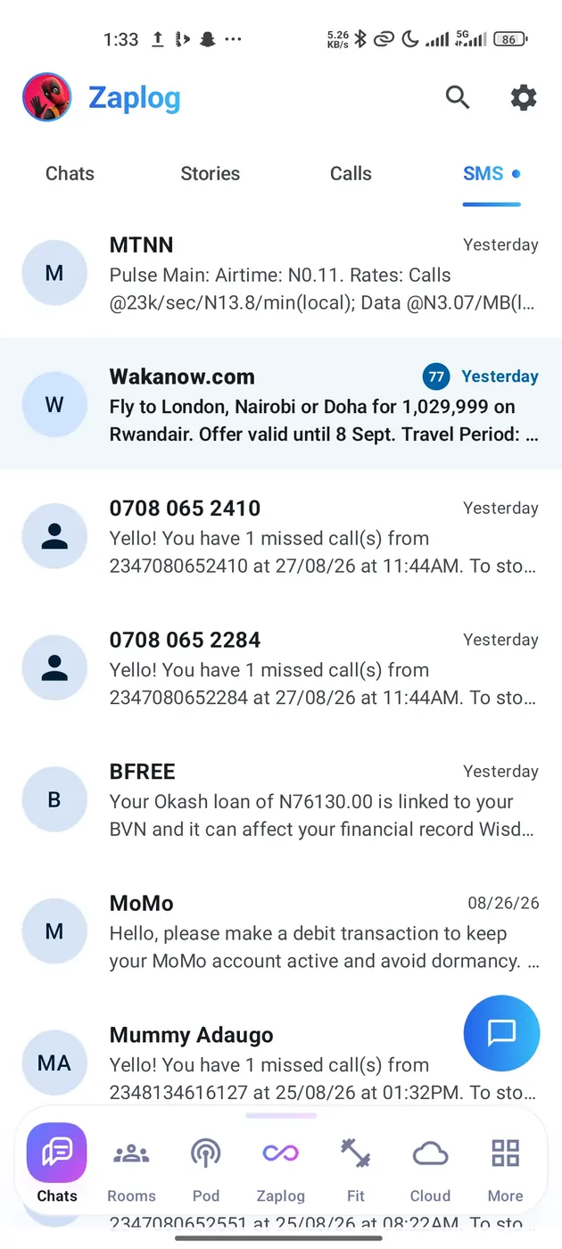 The SMS sub-tab, showing real text messages from carriers and services in the same list style as chats.