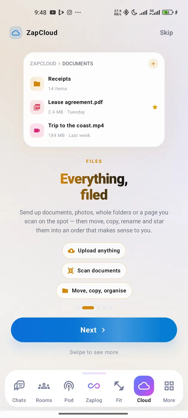 A ZapCloud documents folder listing Receipts with fourteen items, a starred lease agreement PDF, and a video called Trip to the coast.