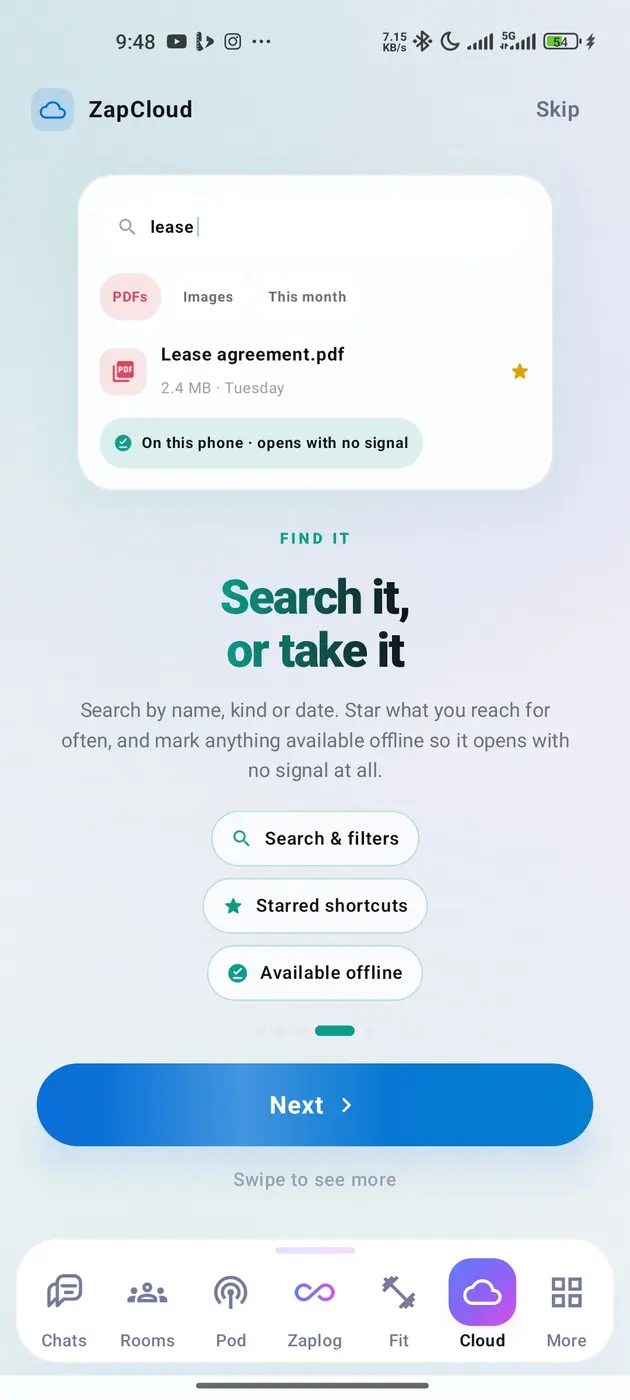 A search for “lease” filtered to PDFs, returning the starred lease agreement marked as on this phone and opening with no signal.