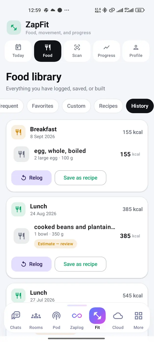 The ZapFit food library on its History tab: a breakfast of two boiled eggs at 155 kcal and a lunch of beans and plantain at 385 kcal, each with Relog and Save as recipe.