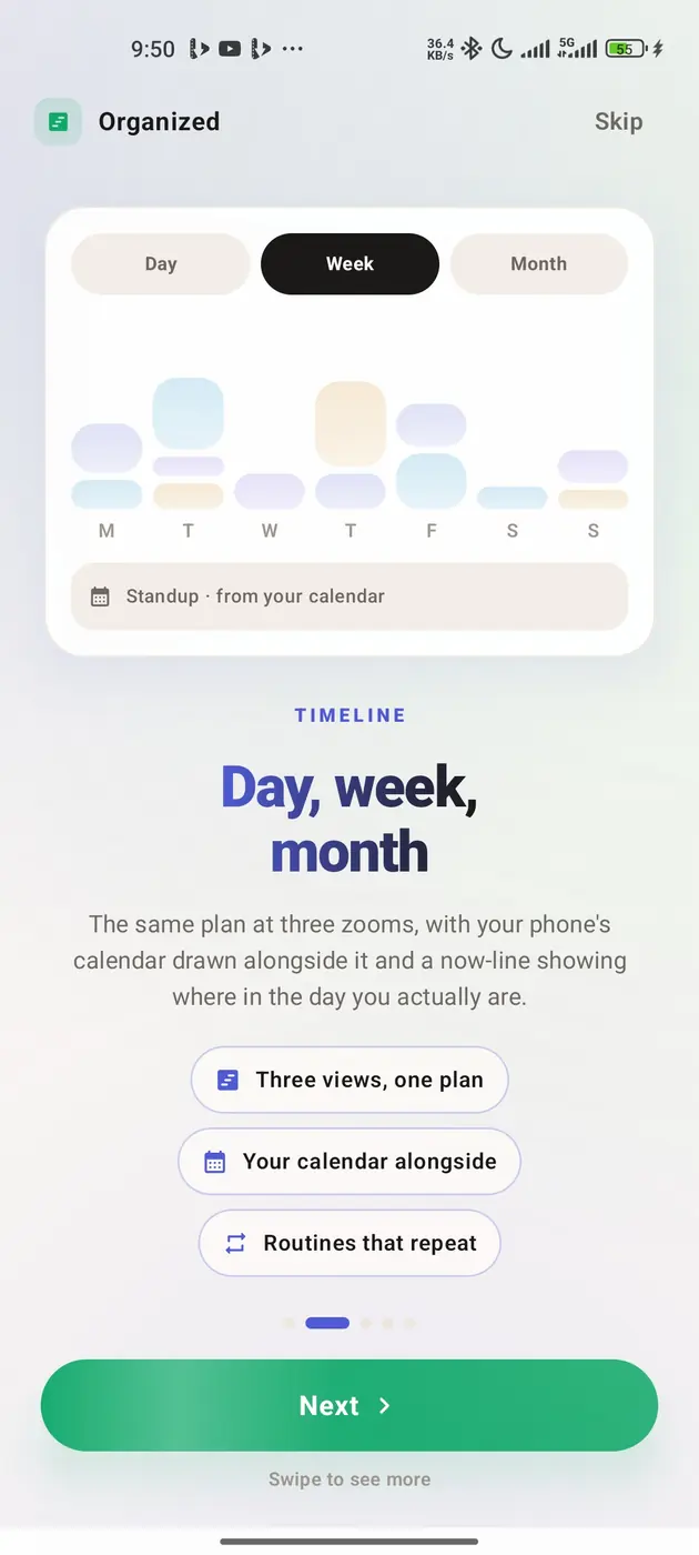 The week view: seven columns of pastel blocks with the phone’s own calendar drawn alongside, and Day, Week and Month tabs above.