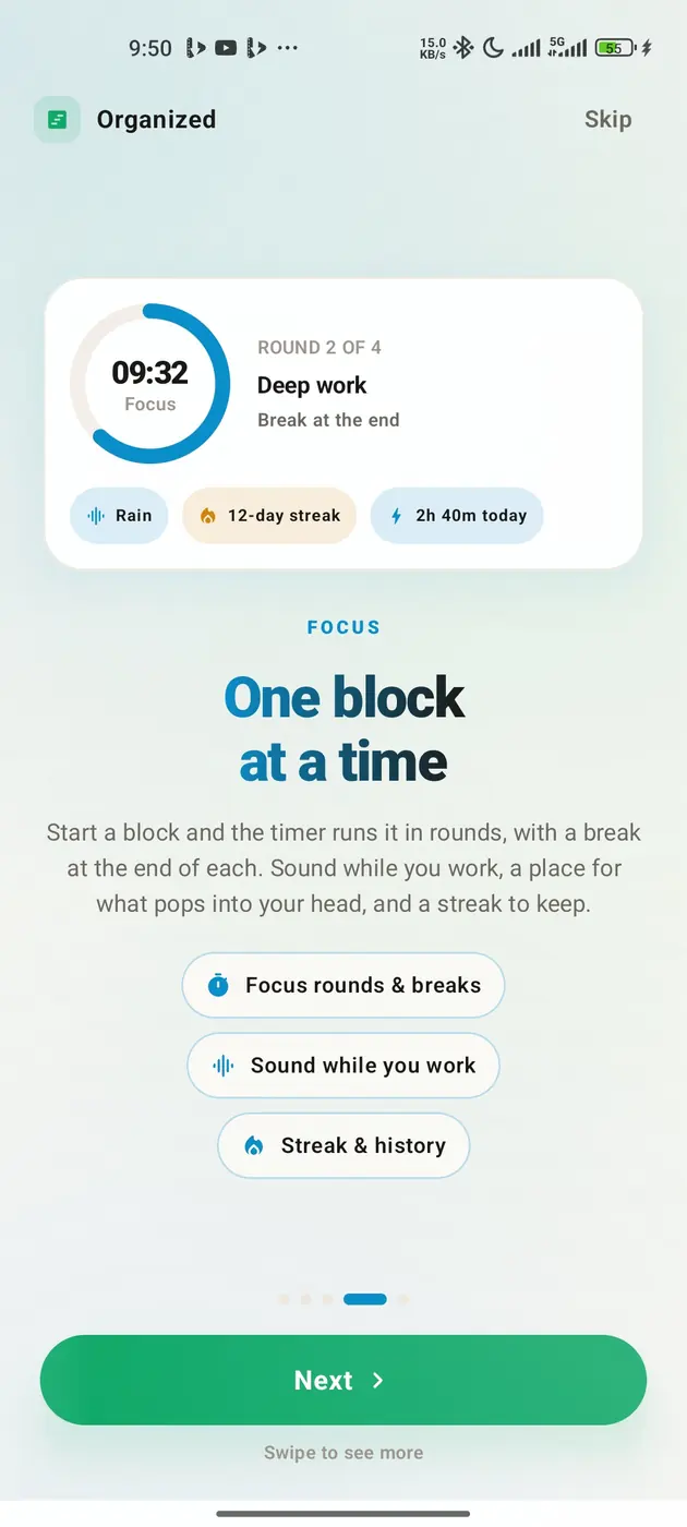 A focus session at nine minutes thirty-two, round two of four on deep work, with rain sound, a twelve-day streak and two hours forty today.
