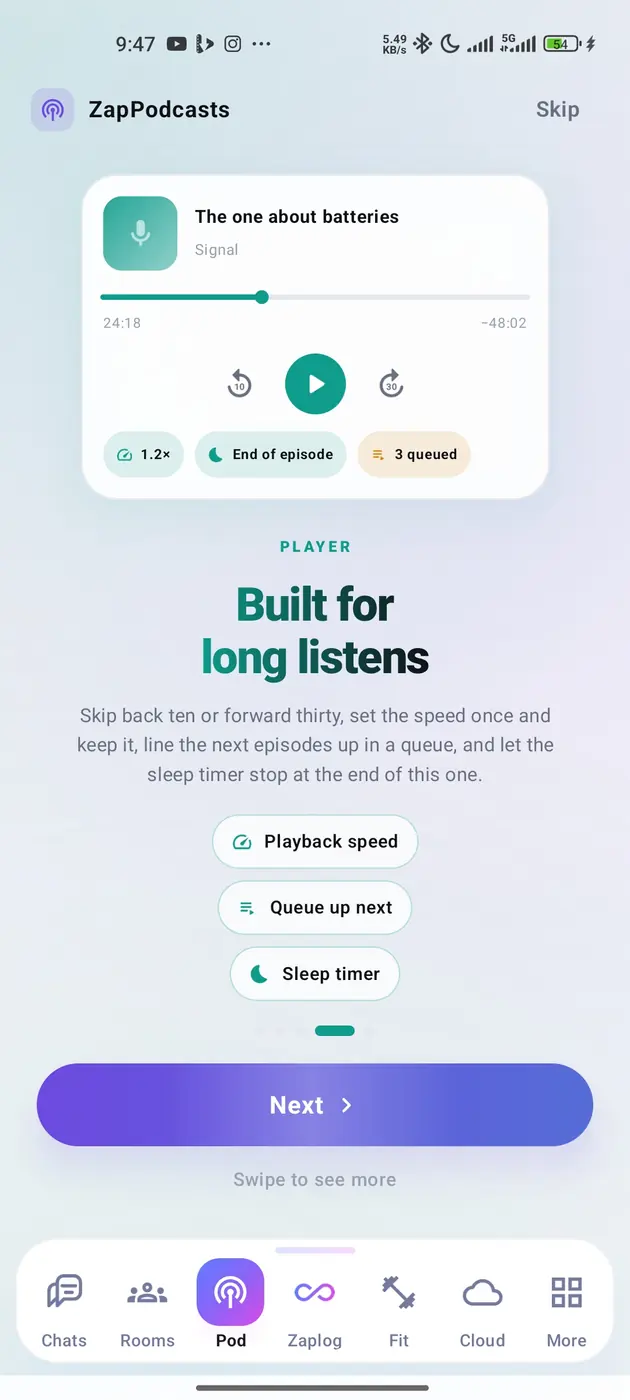 The podcast player: a scrub bar at 24 minutes 18, back ten and forward thirty controls, 1.2x speed, a sleep timer set to end of episode, and three queued.