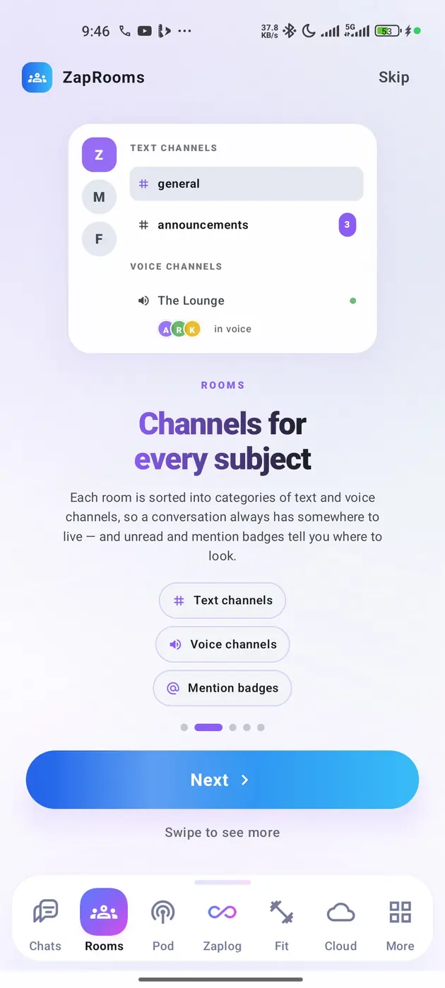 A room’s channel list: text channels named general and announcements with an unread badge, and a voice channel called The Lounge with three avatars in voice.