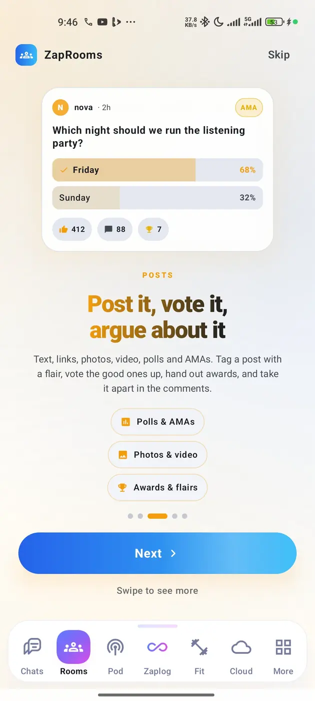 A room post with an AMA flair running a poll between Friday at 68 percent and Sunday at 32 percent, with upvote, comment and award counts.