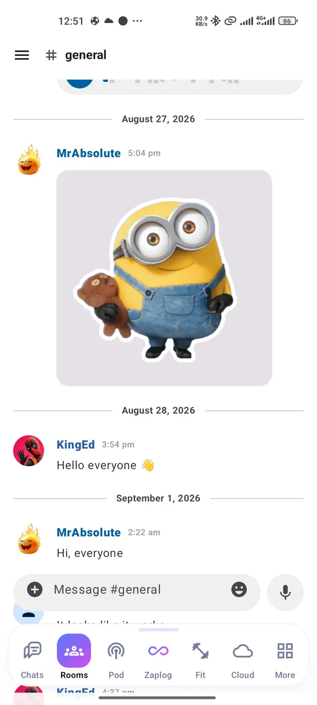 The #general channel of a room: a voice note, a sticker from MrAbsolute, “Hello everyone” from KingEd and “Hi, everyone”, above a Message #general composer.
