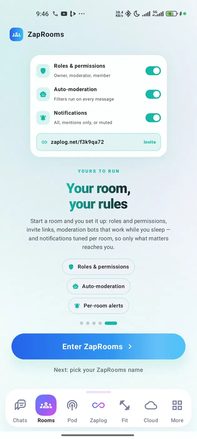 Room settings showing roles and permissions, auto-moderation and notification toggles, plus a shareable invite link.