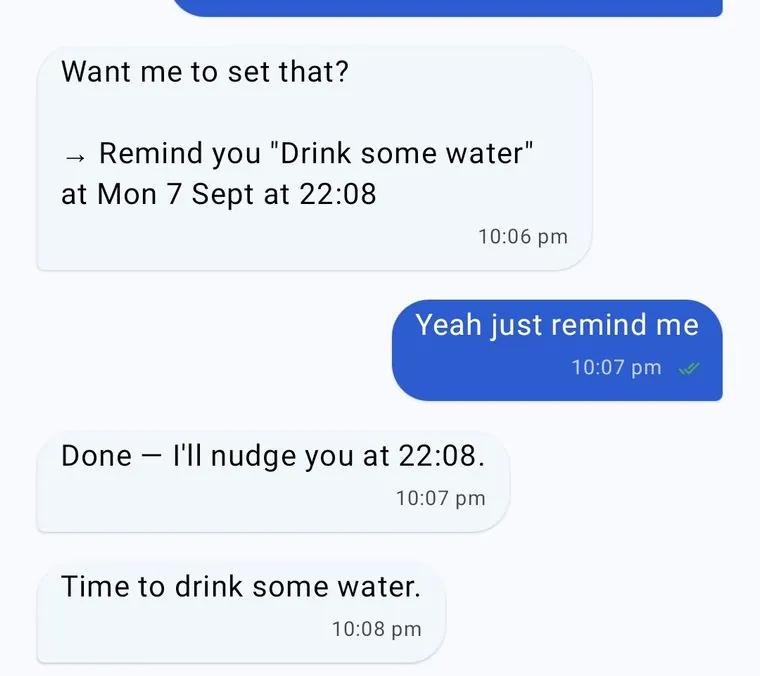 Asked to be reminded in two minutes to drink water. Zappy proposes “Remind you ‘Drink some water’ at Mon 7 Sept at 22:08”, confirms “Done — I’ll nudge you at 22:08”, and at 22:08 says “Time to drink some water.”