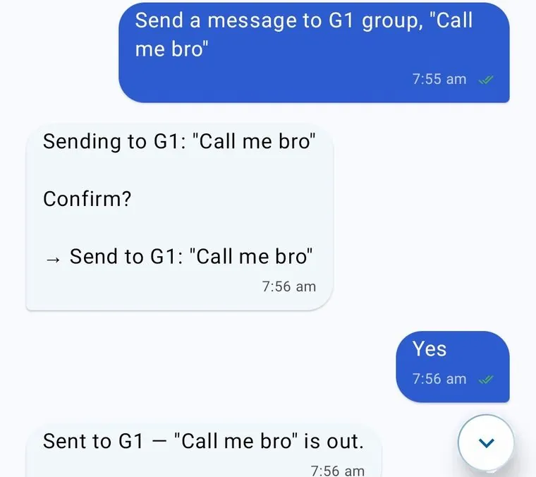 A request to send “Call me bro” to the G1 group. Zappy reads it back and asks to confirm; after a yes it replies “Sent to G1 — ‘Call me bro’ is out.”