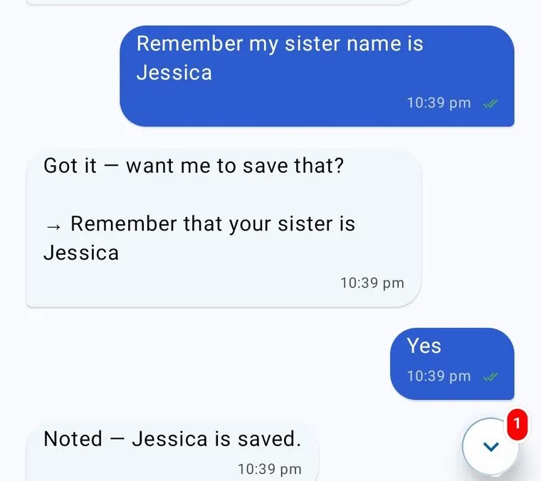 A request to remember a family member’s name. Zappy asks “Got it — want me to save that?”, and after a yes replies “Noted — Jessica is saved.”